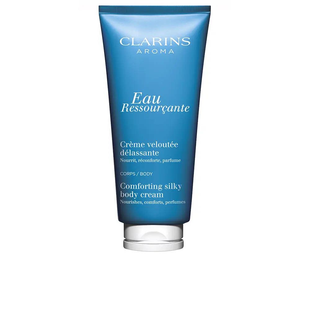 Clarins Eau Ressourçante Body Cream in een blauwe tube met witte dop.