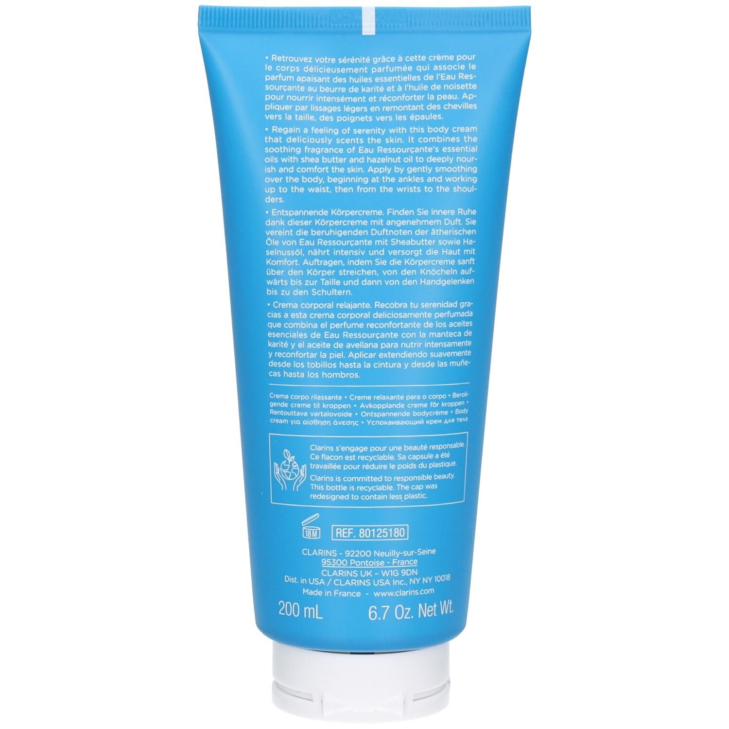 Arrière du tube de Crème Corps Eau Ressourçante Clarins avec informations produit et référence.