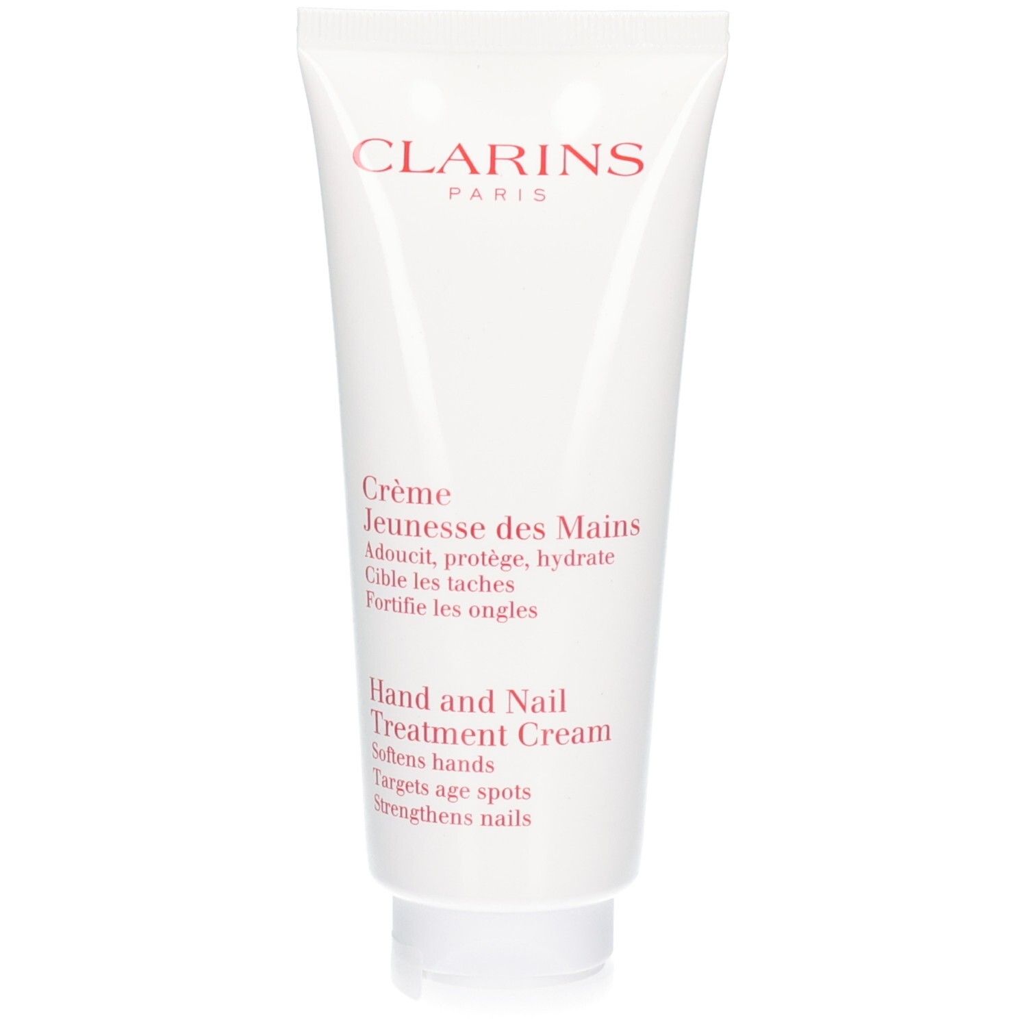 Clarins Hand en Nagel Treatment Cream Tube. Wit met rode belettering.