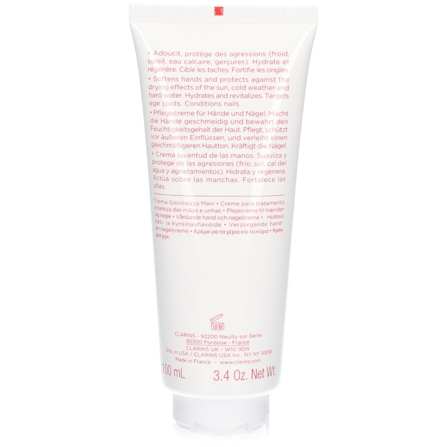 Achterkant van de Clarins Hand en Nagel Treatment Cream tube met productinformatie en 100 ml aanduiding.