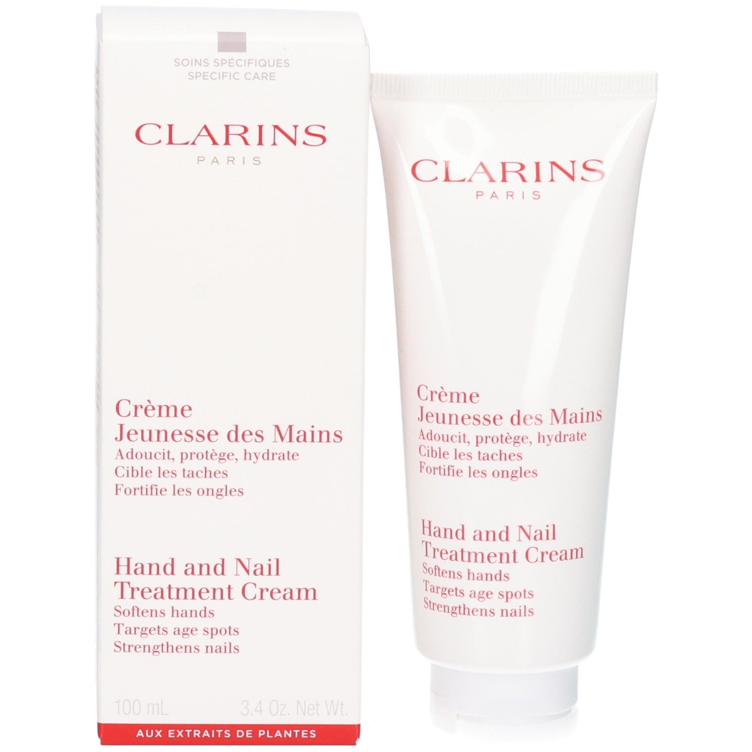 Clarins Hand en Nagel Treatment Cream tube en doosje. Wit met rode belettering.