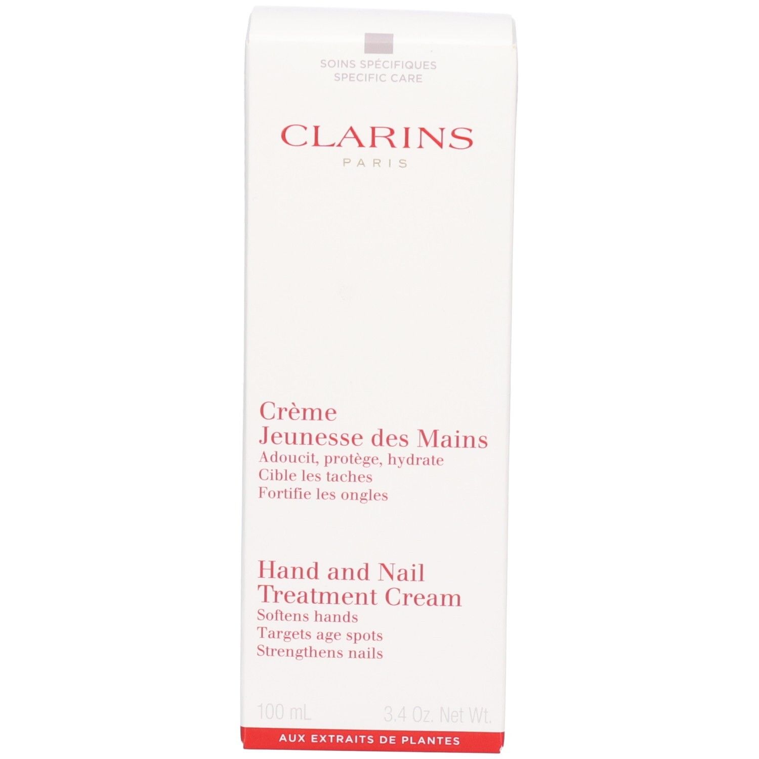 Clarins Hand en Nagel Treatment Cream doosje. Wit met rode belettering en productnaam.