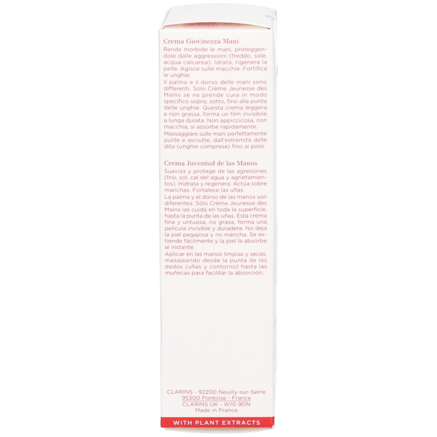 Zijkant van de Clarins Hand en Nagel Treatment Cream doos met productbeschrijvingen in het Italiaans en Frans.