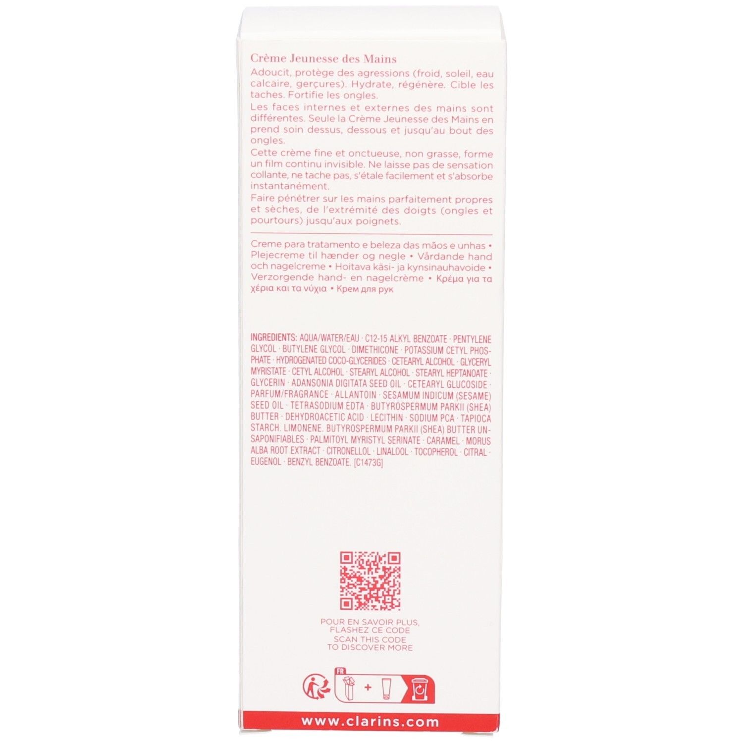 Zijkant van de Clarins Hand en Nagel Treatment Cream doos met ingrediënten en QR-code.