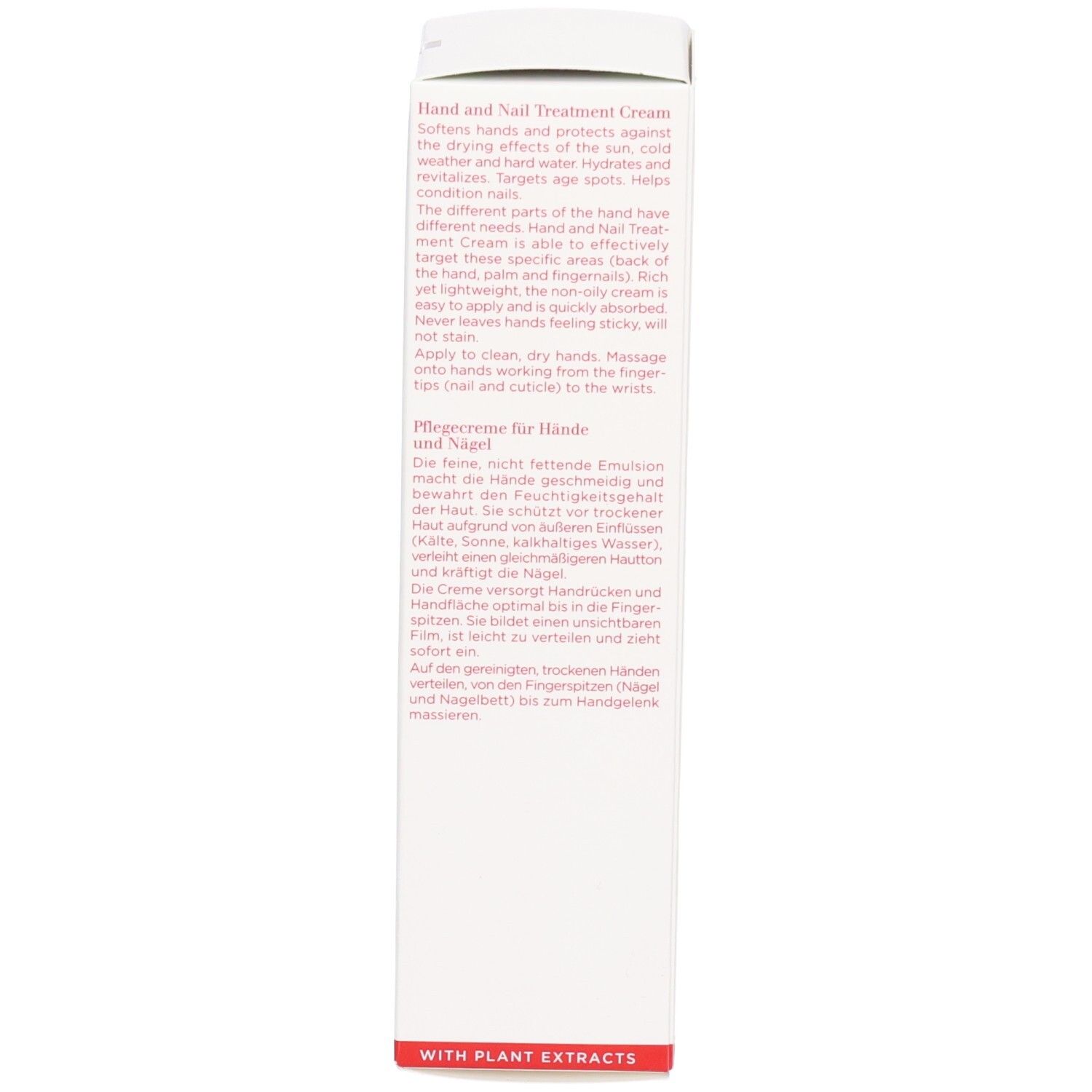 Zijkant van de Clarins Hand en Nagel Treatment Cream doos met productbeschrijvingen in het Duits en Engels.