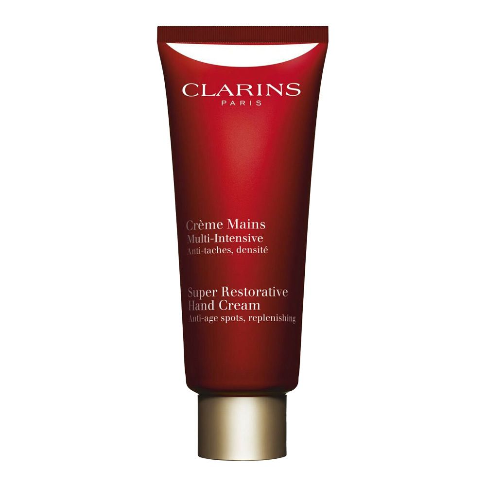 Clarins handcrème in rode tube met gouden dop. Tekst: "Crème Mains Multi-Intensive".