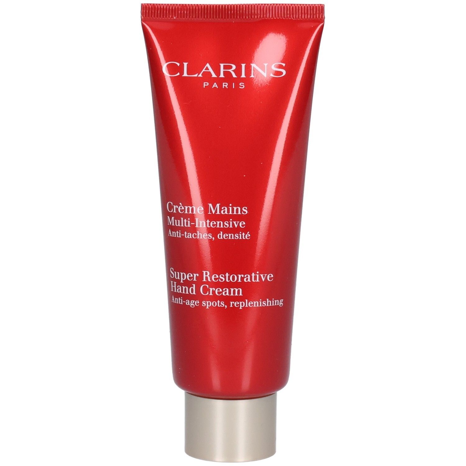 Rode tube Clarins handcrème met zilveren dop. Voorlabel met productnaam.