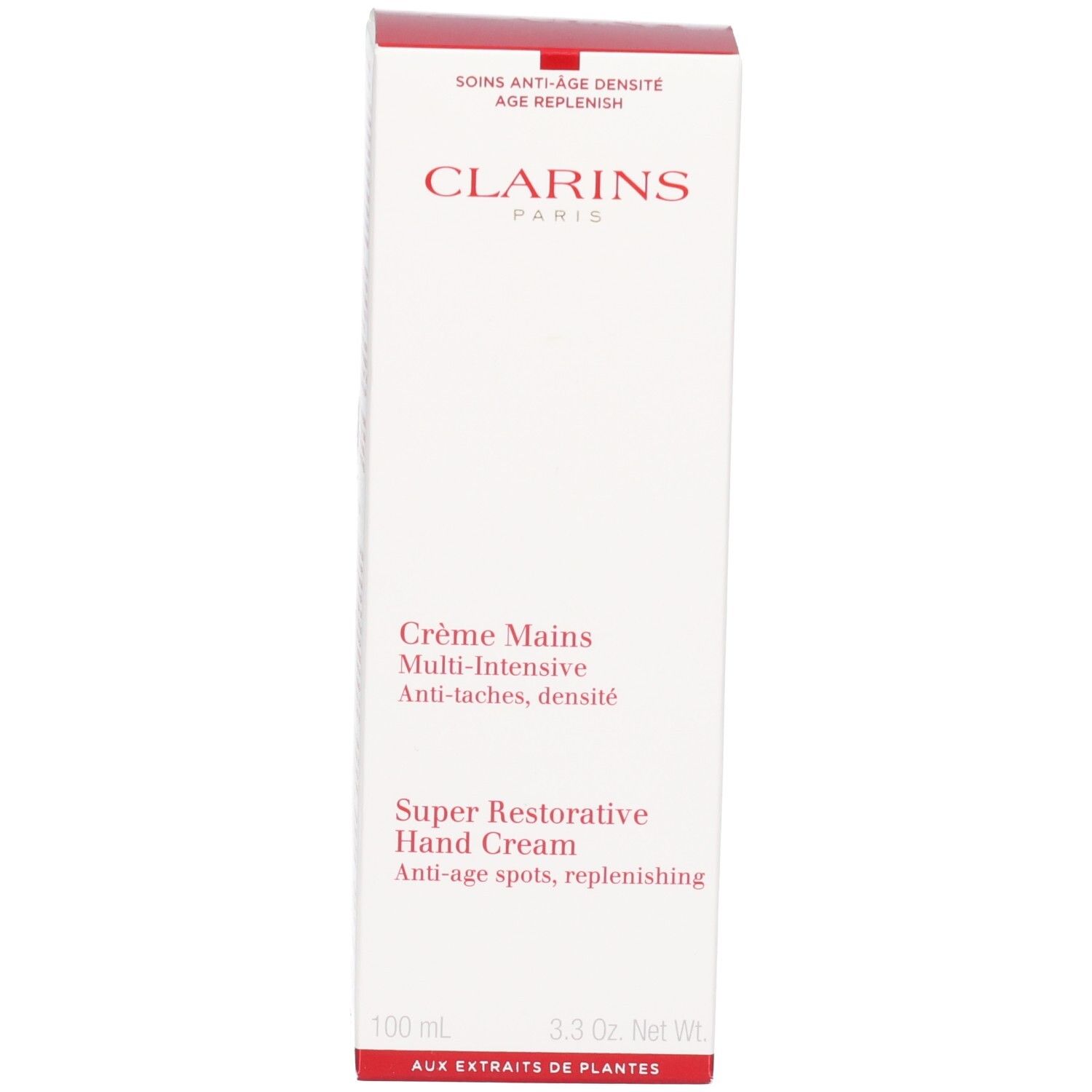 Witte verpakkingsdoos voor Clarins handcrème. Toont de merknaam en productaanduidingen.