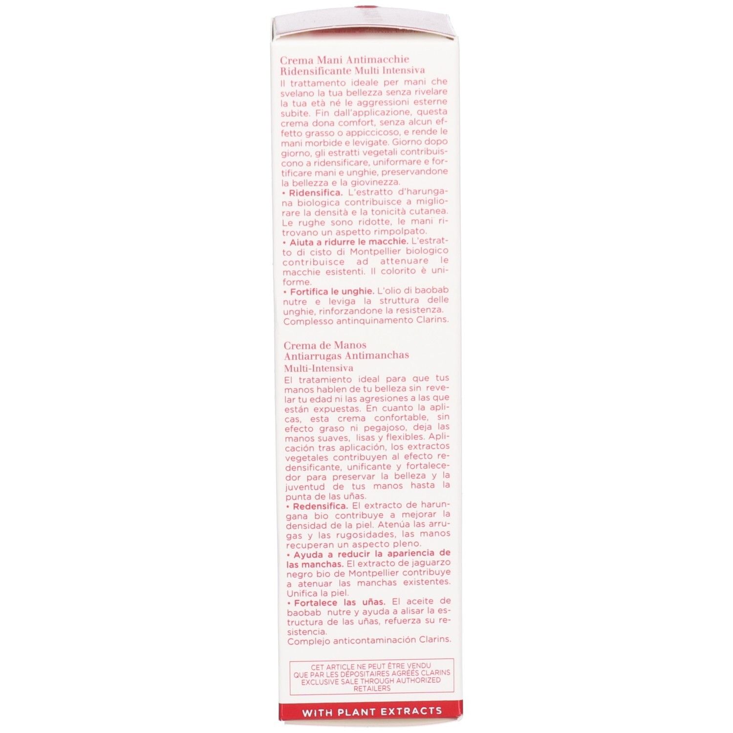 Zijde van een Clarins handcrème verpakkingsdoos met gedetailleerde productbeschrijvingen in meerdere talen.