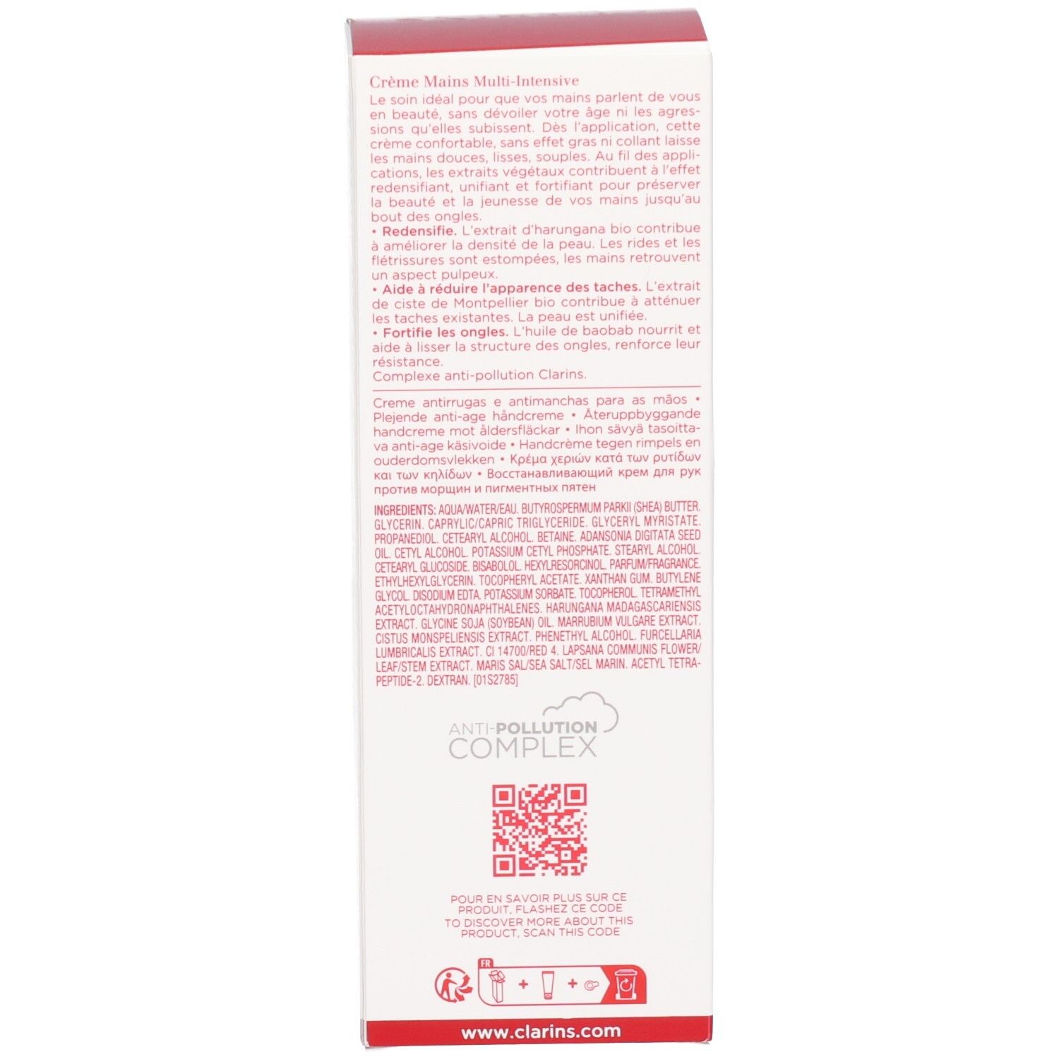 Zijde van een Clarins handcrème verpakkingsdoos met ingrediëntenlijst, QR-code en website.