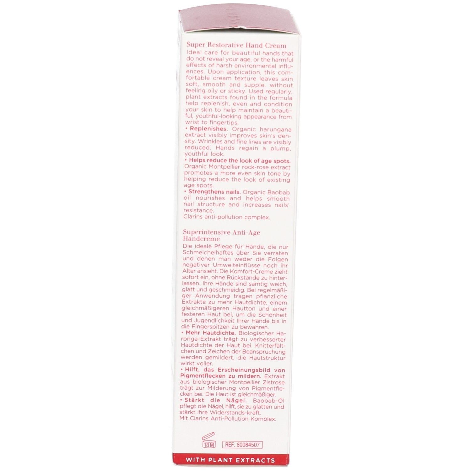 Zijde van een Clarins handcrème verpakkingsdoos met Engelse en Duitse productbeschrijvingen.