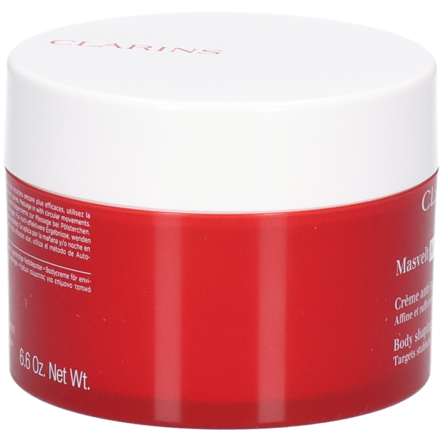 Clarins Masvelt Advanced bodycrème, zijaanzicht van de rode pot met wit deksel.