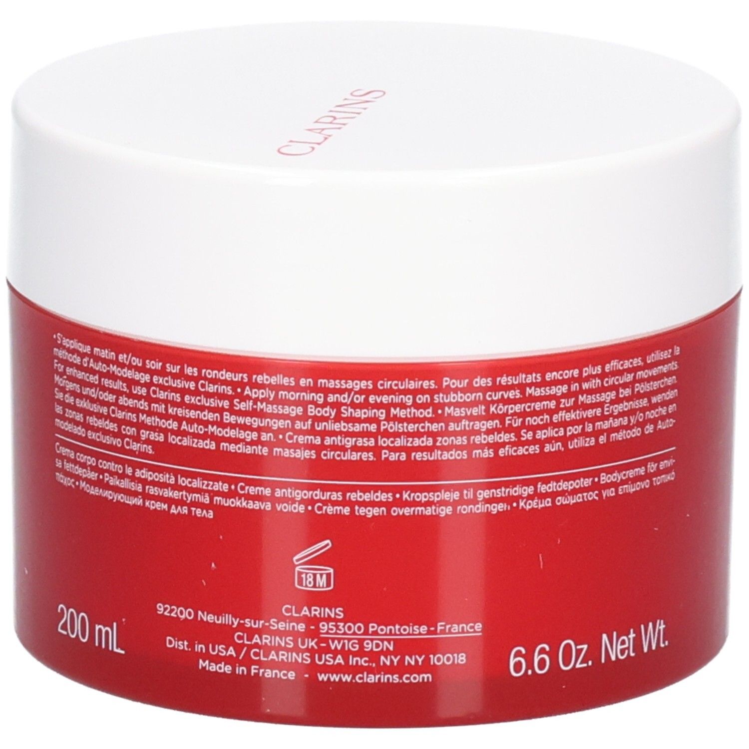 Clarins Masvelt Advanced bodycrème, achterkant van de rode pot met productinformatie en 200 ml aanduiding.