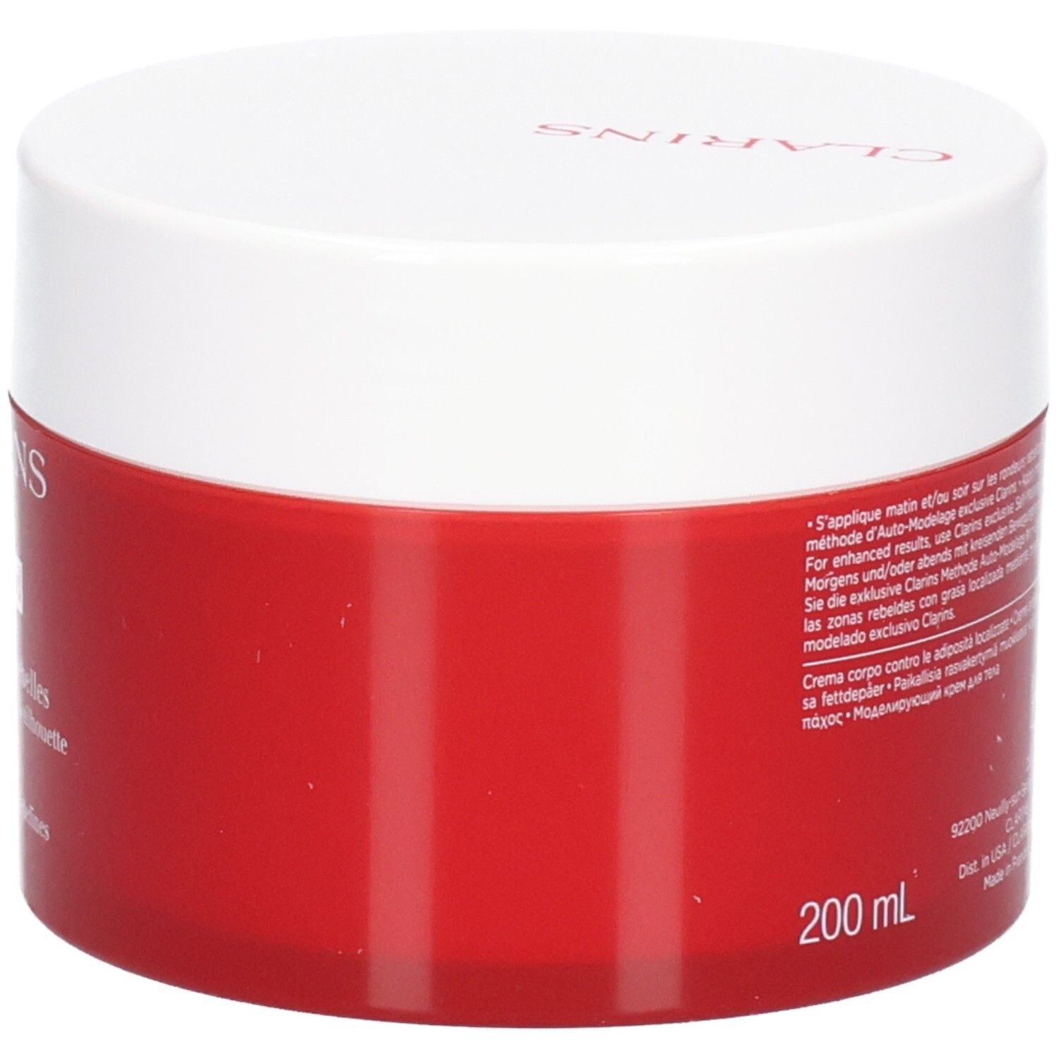 Clarins Masvelt Advanced bodycrème, zijaanzicht van de rode pot met wit deksel en tekst.