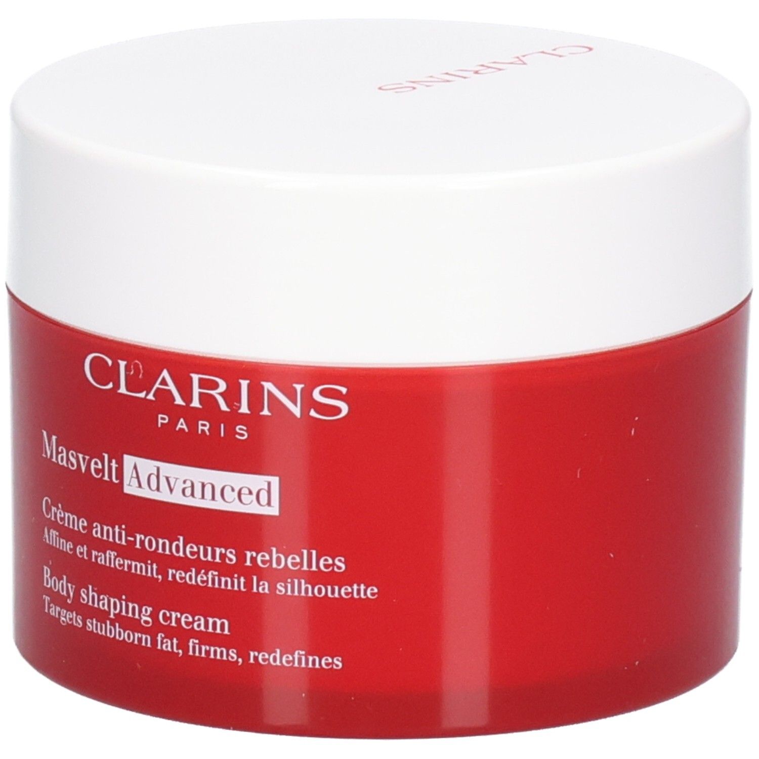 Clarins Masvelt Advanced bodycrème in rode pot met wit deksel, vooraanzicht.
