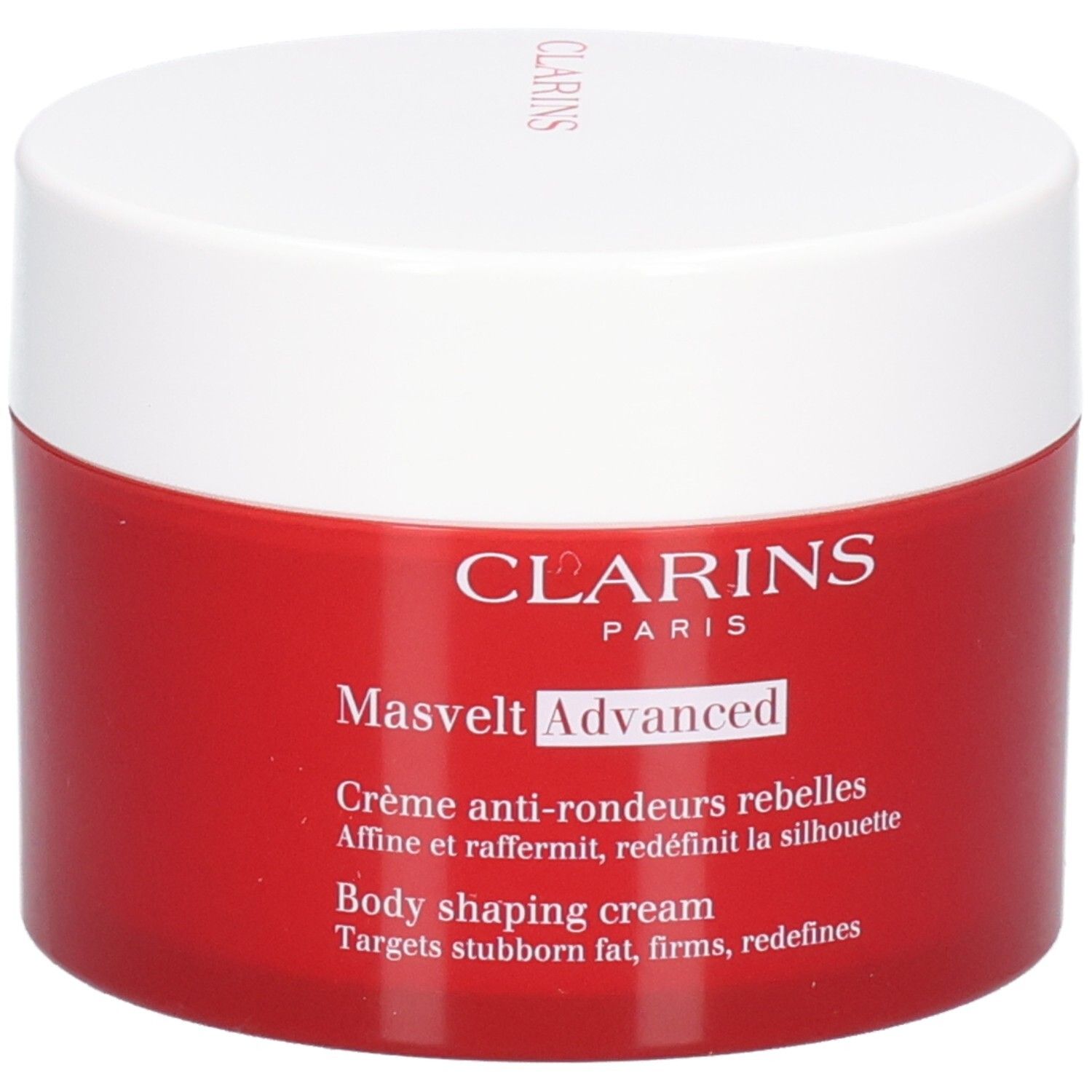 Clarins Masvelt Advanced bodycrème in rode pot met wit deksel, licht schuin.