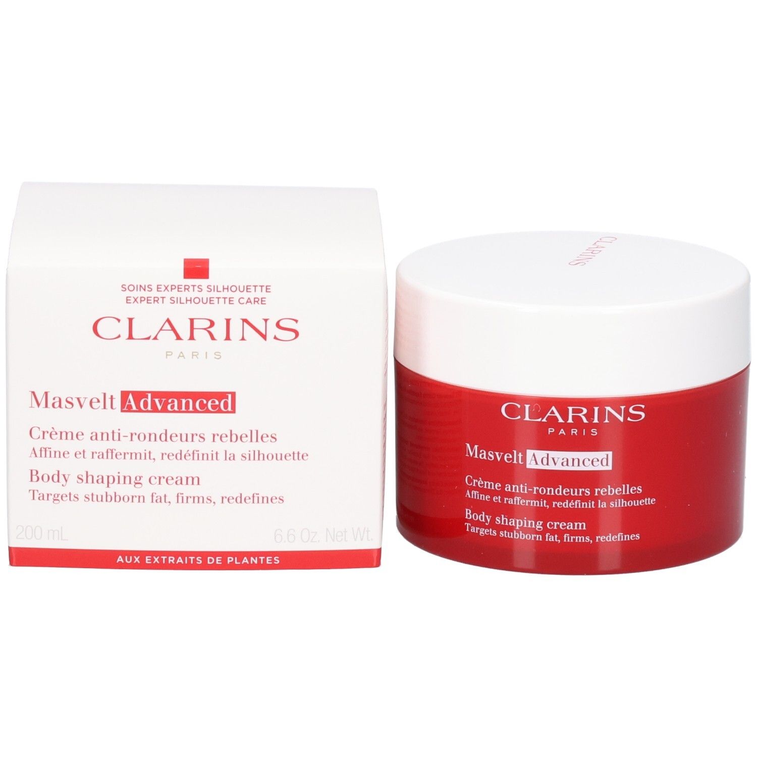 Clarins Masvelt Advanced bodycrème en verpakking, rode pot en witte doos.
