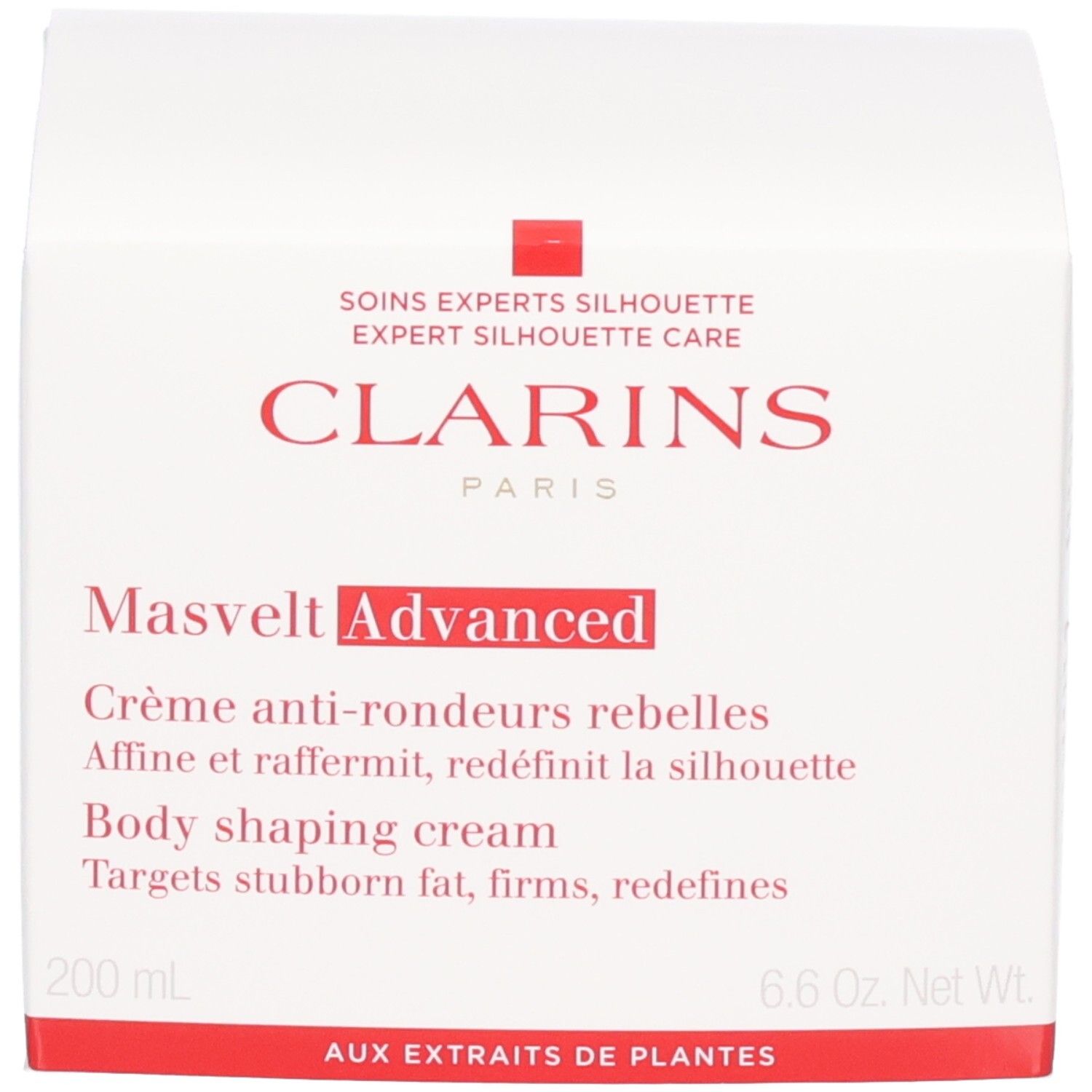 Verpakking van Clarins Masvelt Advanced bodycrème, witte doos met rode accenten.