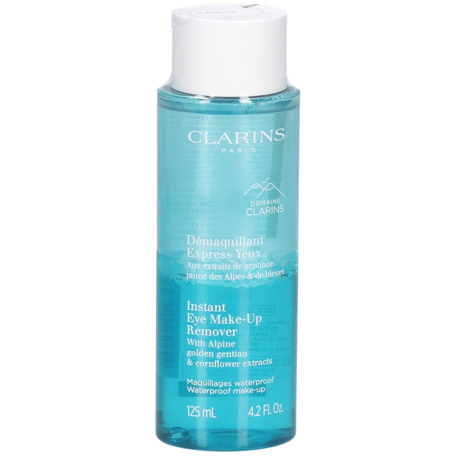 Clarins Instant Eye Make-Up Remover, 125 ml fles met blauwe vloeistof.