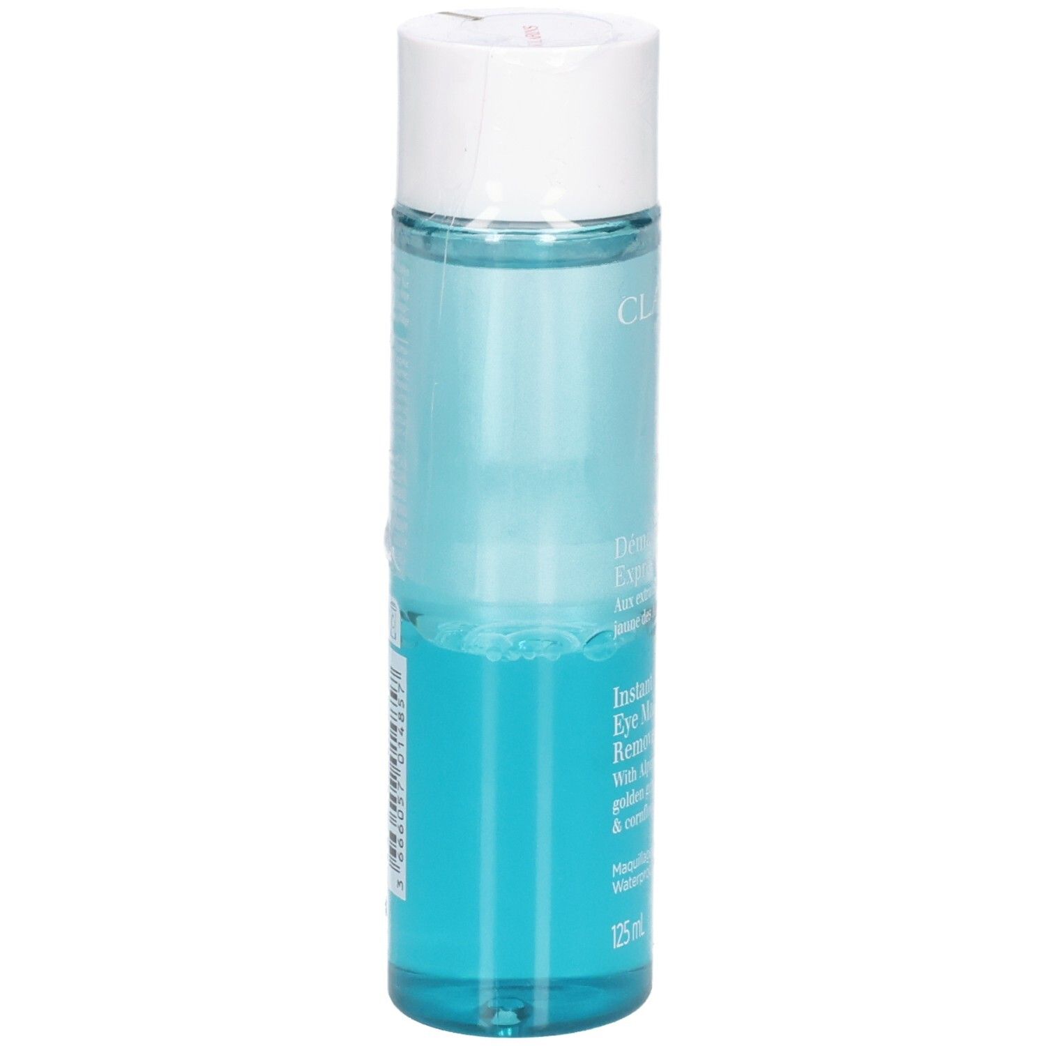 Clarins Instant Eye Make-Up Remover, achterkant van de 125 ml fles met blauwe vloeistof.