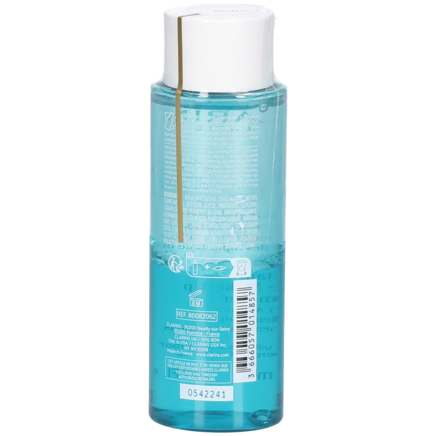 Clarins Instant Eye Make-Up Remover, achterkant van de 125 ml fles met blauwe vloeistof en etiketten.