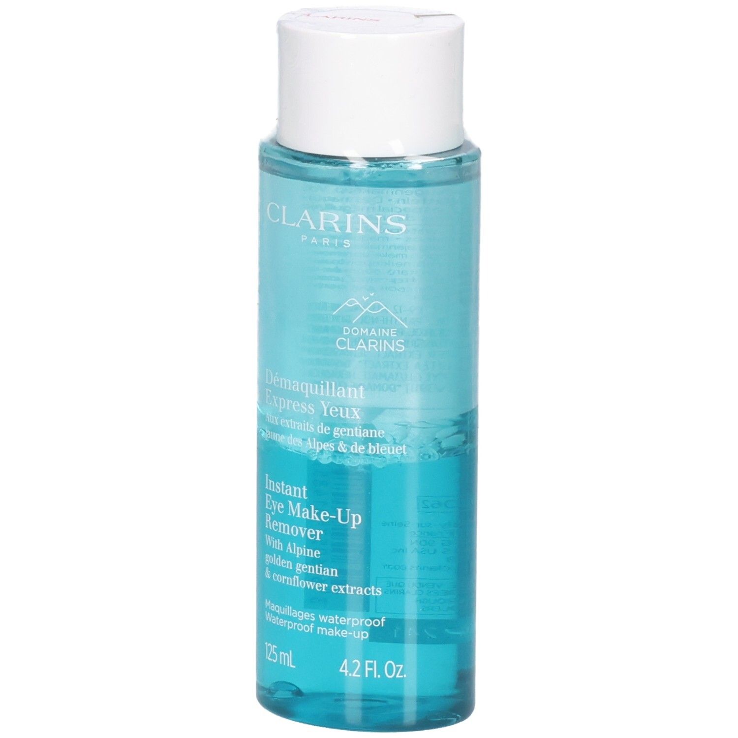 Clarins Instant Eye Make-Up Remover, 125 ml fles met blauwe vloeistof en etiketten.