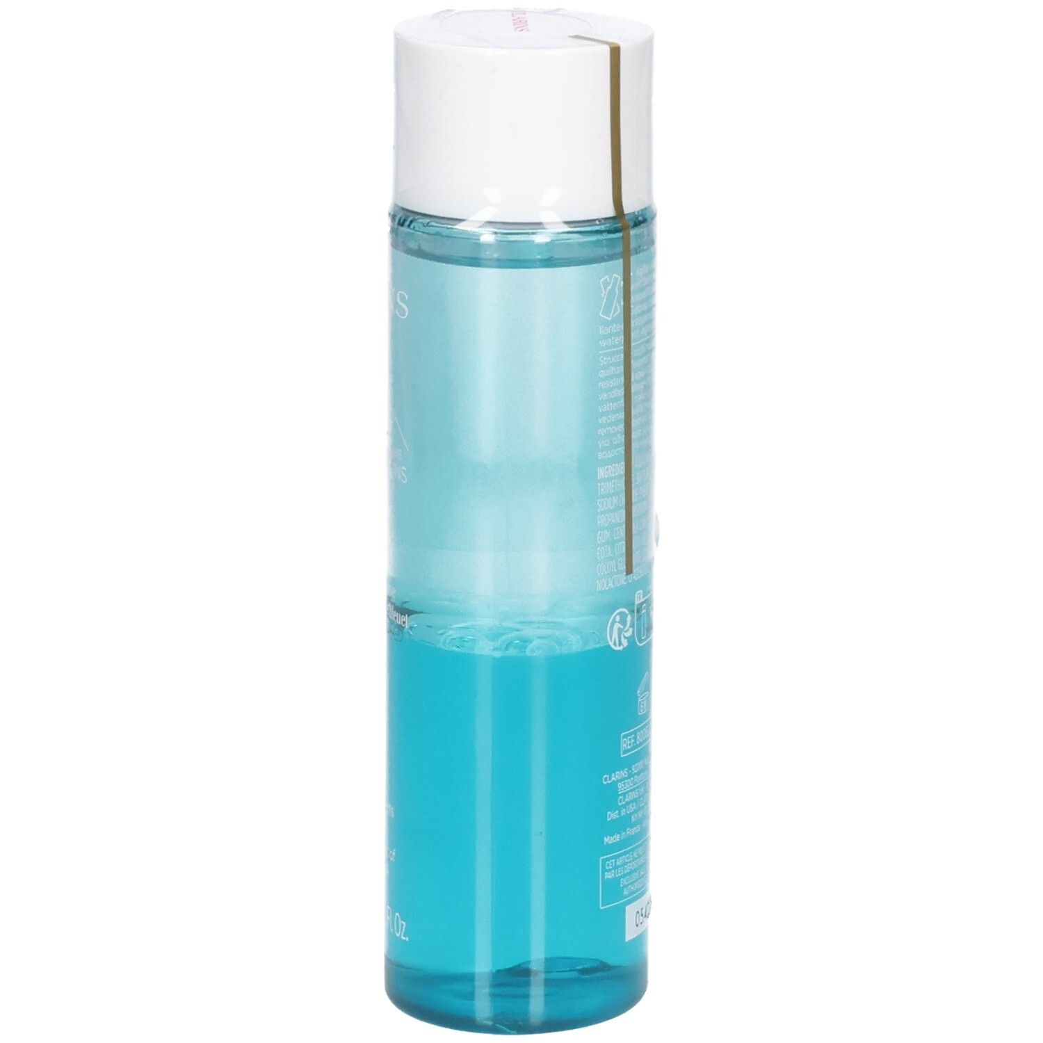 Clarins Instant Eye Make-Up Remover, 125 ml fles met blauwe vloeistof, van de zijkant.