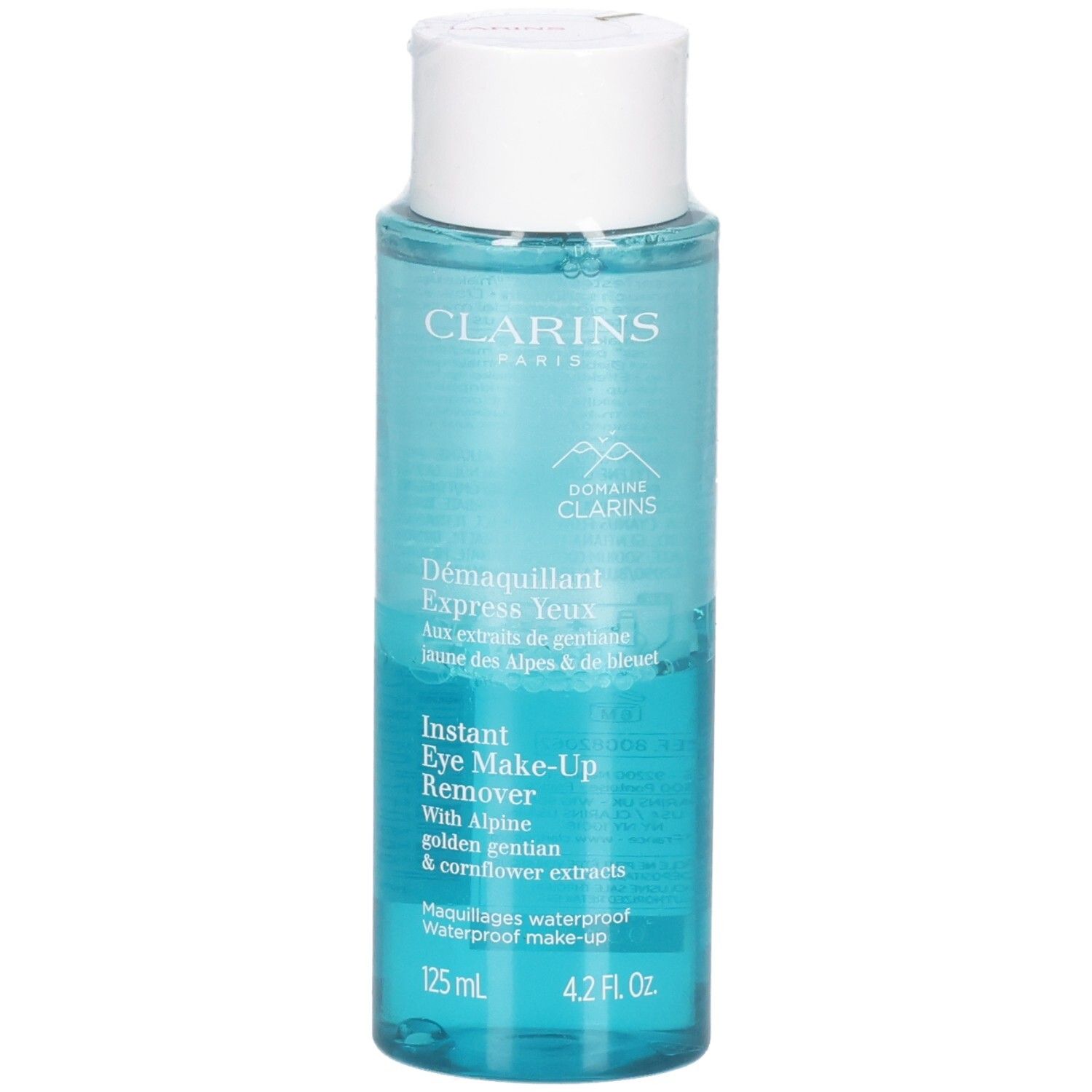 Clarins Instant Eye Make-Up Remover, 125 ml fles met blauwe vloeistof, voorkant.