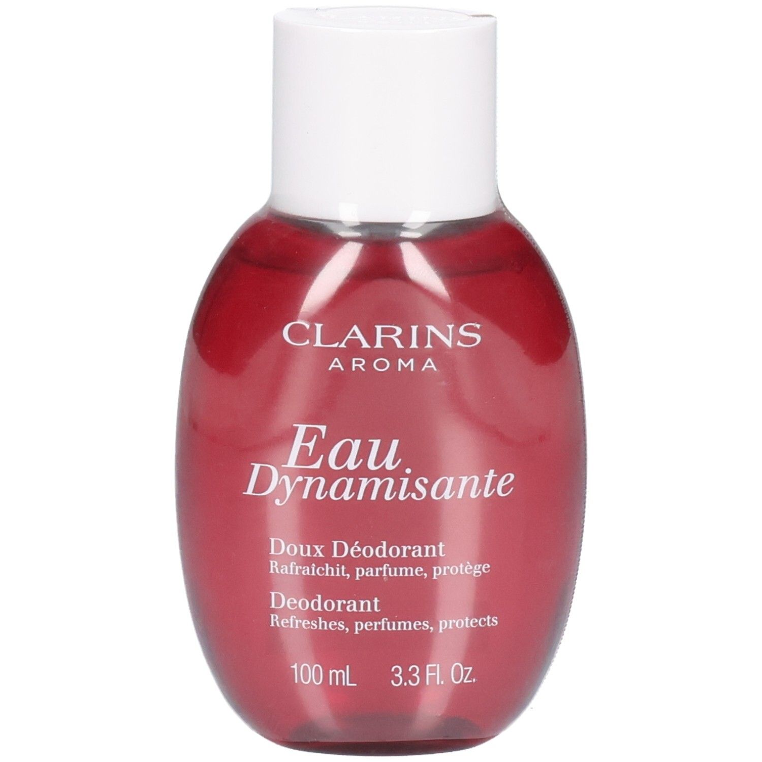 Clarins Eau Dynamisante, rode deodorant spray met witte dop.