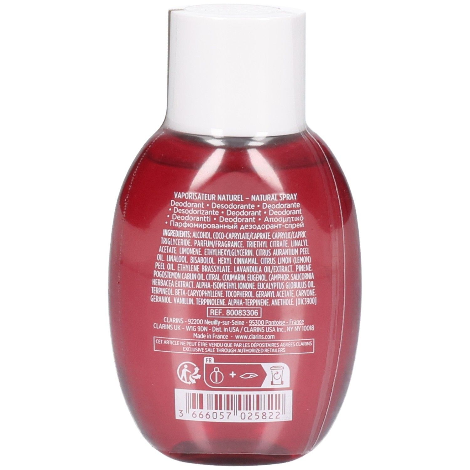 Clarins Eau Dynamisante, achterkant van de rode deodorant spray met witte dop en ingrediënten.