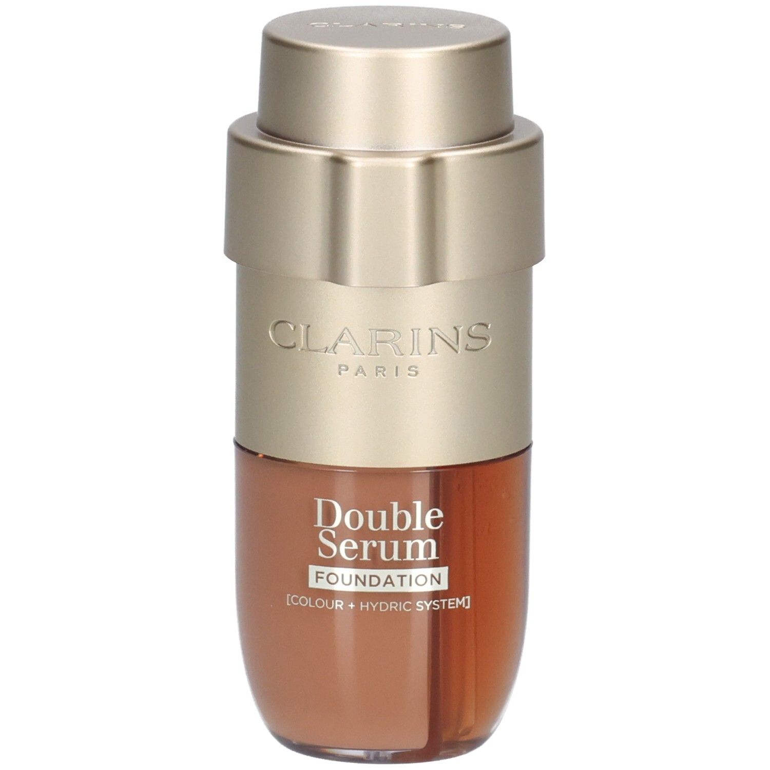 Clarins Double Serum Foundation fles met goudkleurige pomp en bruine inhoud.