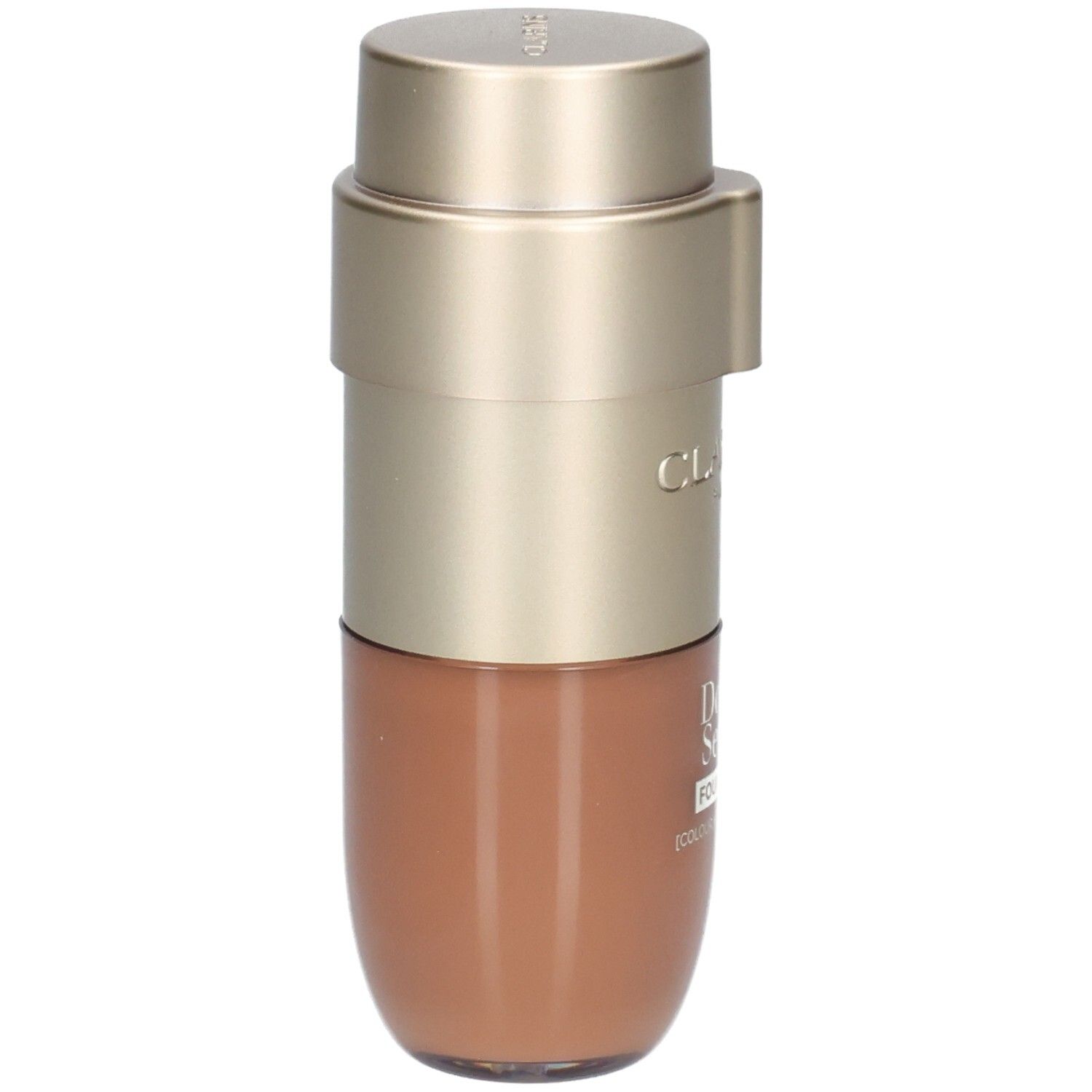 Clarins Double Serum Foundation fles met goudkleurige pomp en lichtbruine inhoud.