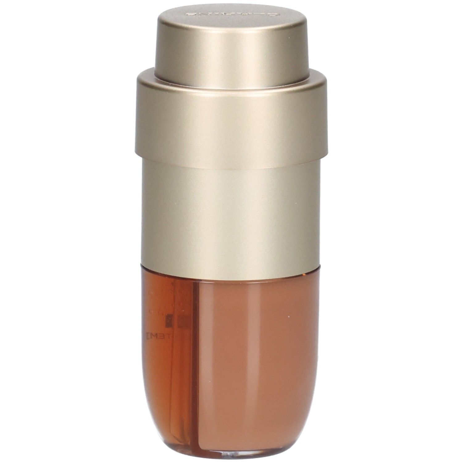 Clarins Double Serum Foundation fles met goudkleurige pomp en bruine inhoud.
