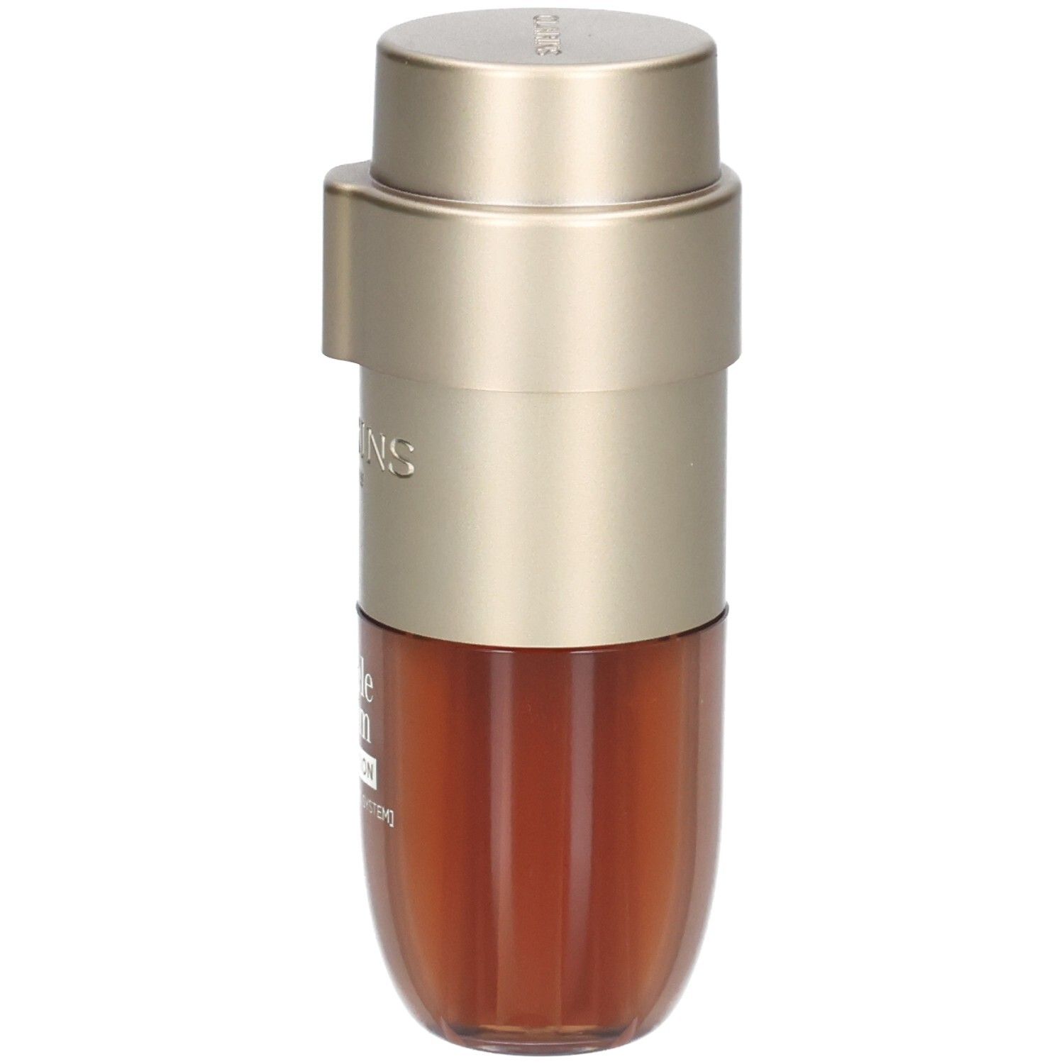 Clarins Double Serum Foundation fles met goudkleurige pomp en bruine inhoud.