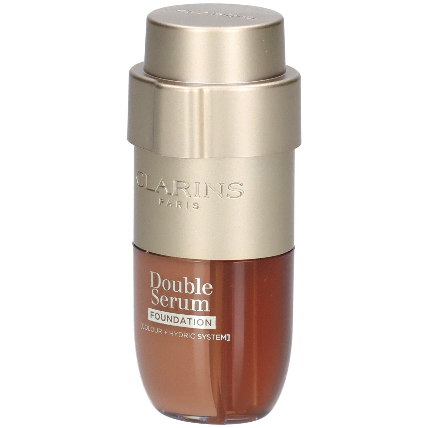 Clarins Double Serum Foundation fles met goudkleurige pomp en bruine inhoud.