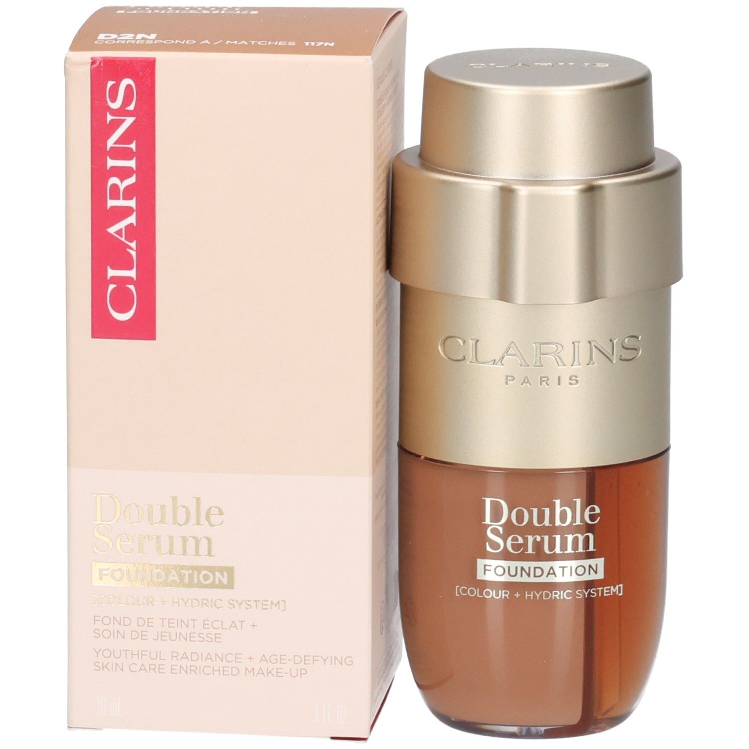 Clarins Double Serum Foundation fles en doos met goudkleurige pomp en bruine inhoud.