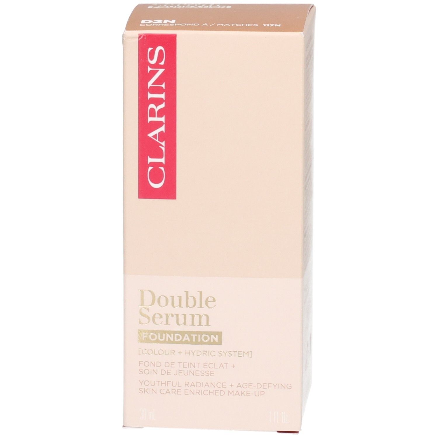 Clarins Double Serum Foundation doos met productinformatie.