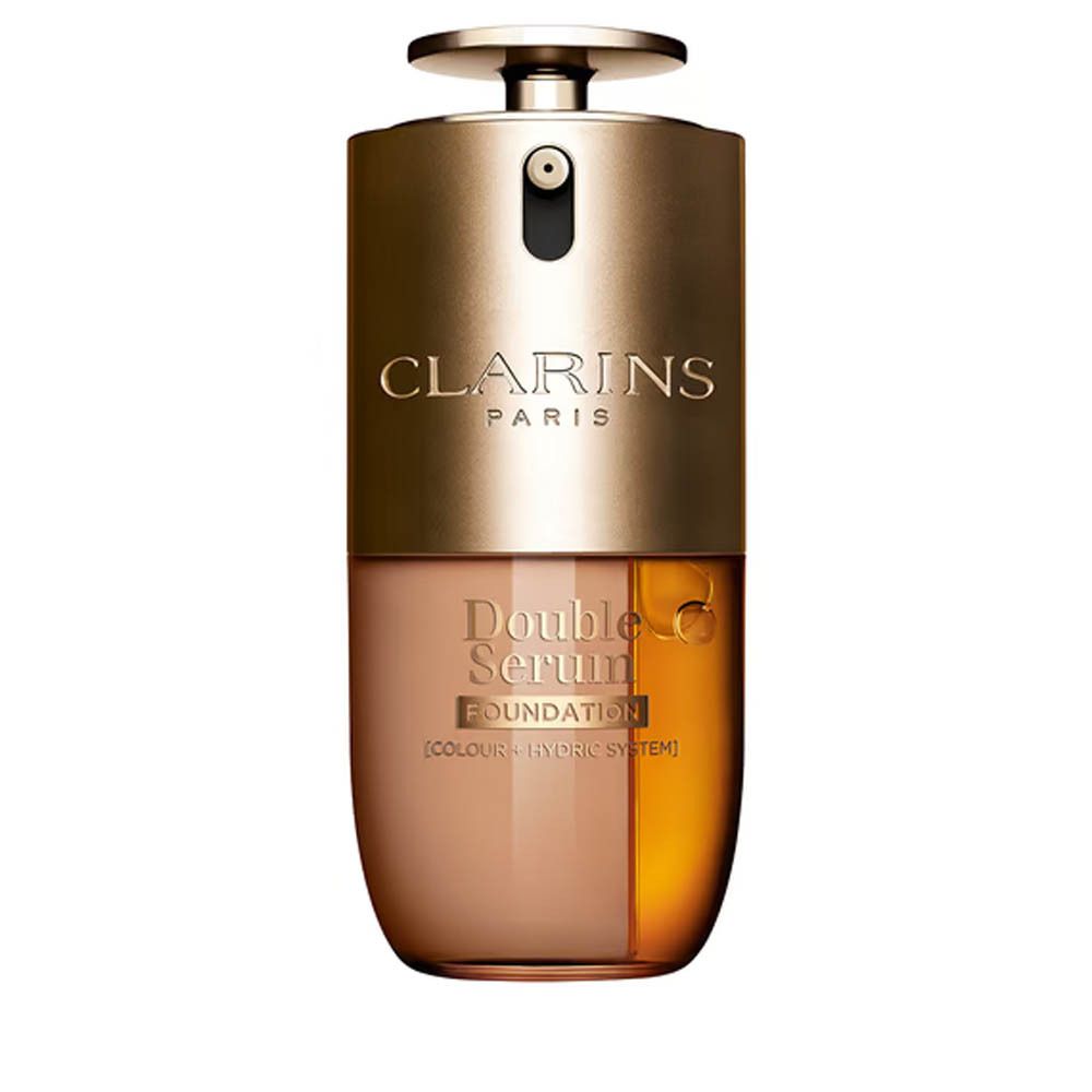 Clarins Double Serum Foundation fles met goudkleurige pomp, tweekleurige inhoud.