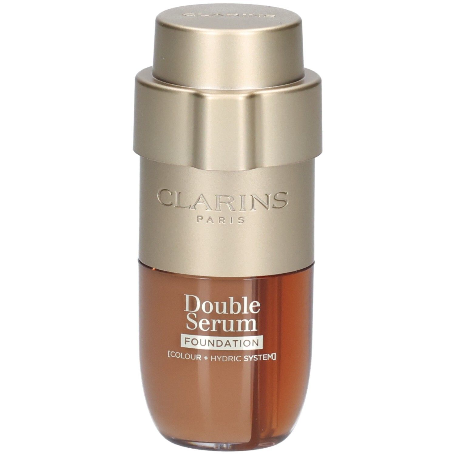 Clarins Double Serum Foundation fles met goudkleurige pomp en bruine inhoud.