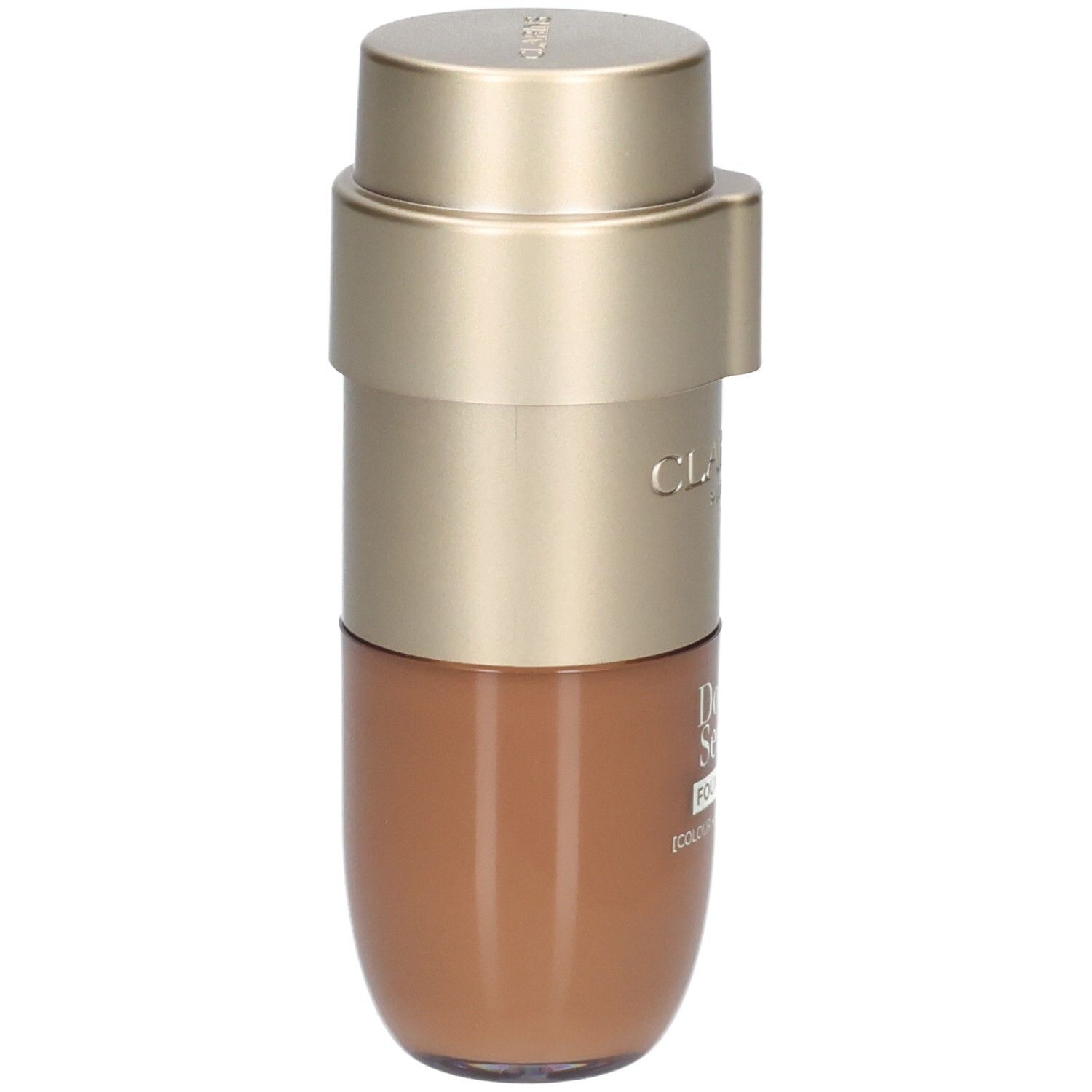 Clarins Double Serum Foundation fles, vooraanzicht, goudkleurige pomp, bruine inhoud.