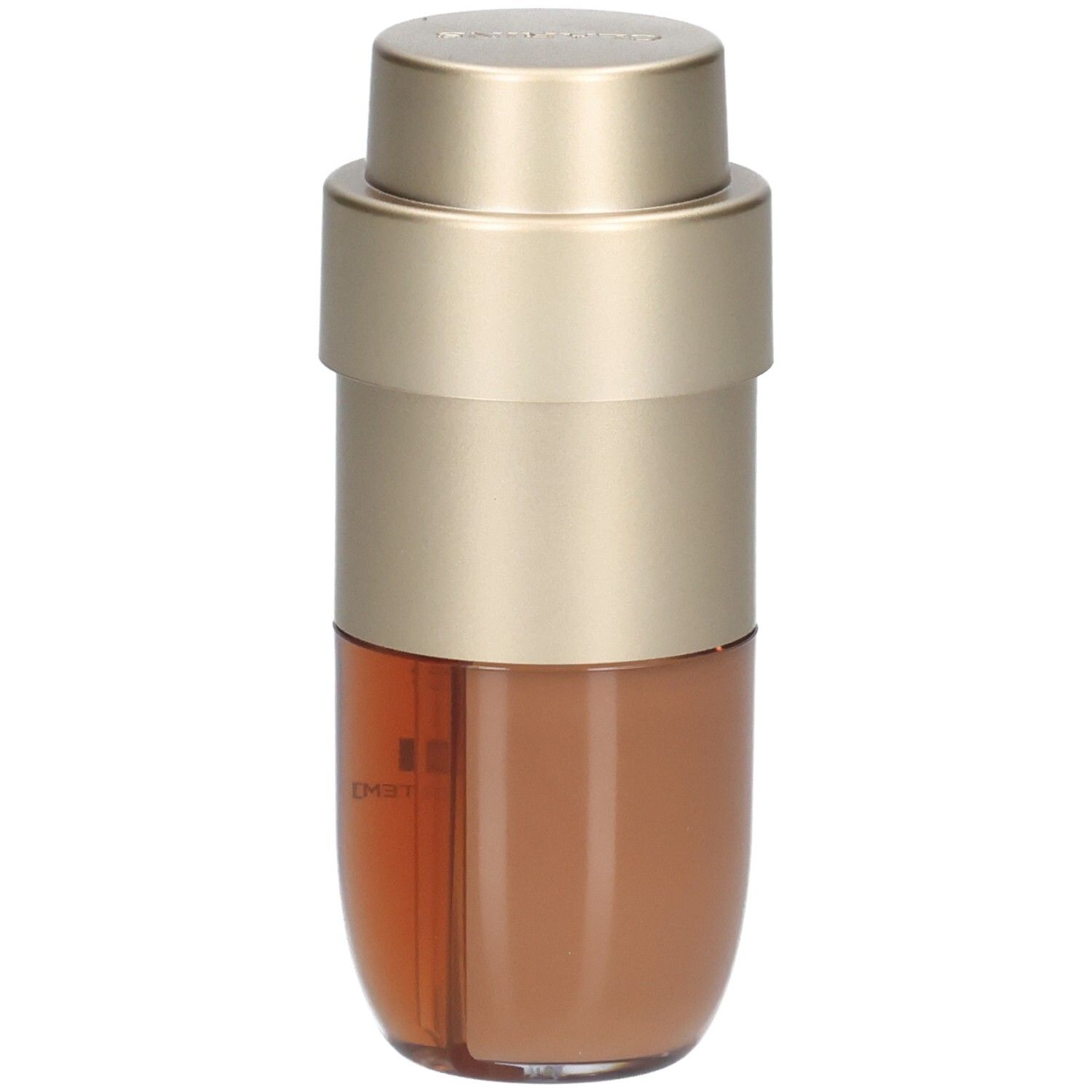Clarins Double Serum Foundation fles, zijaanzicht, goudkleurige pomp, bruine inhoud.