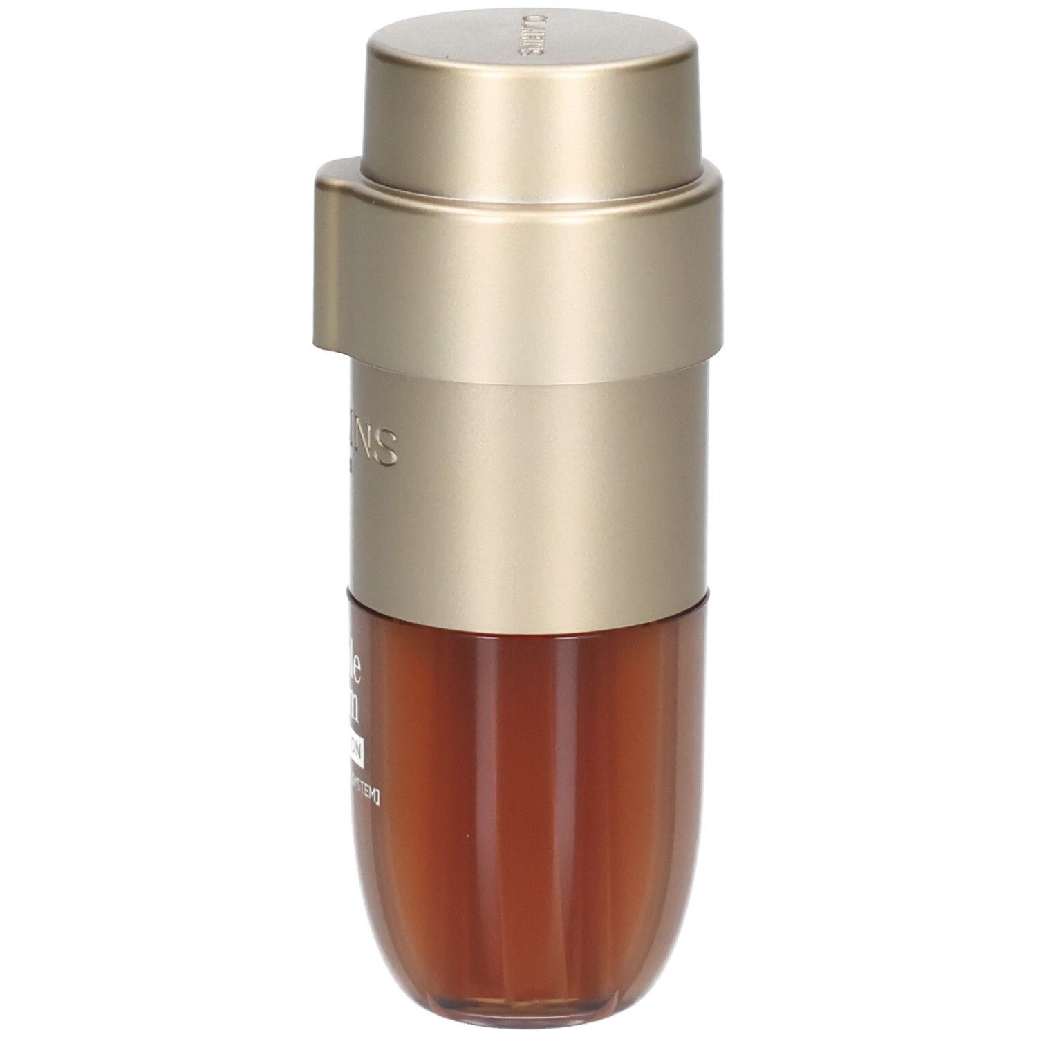 Clarins Double Serum Foundation fles, achteraanzicht, goudkleurige pomp, bruine inhoud.
