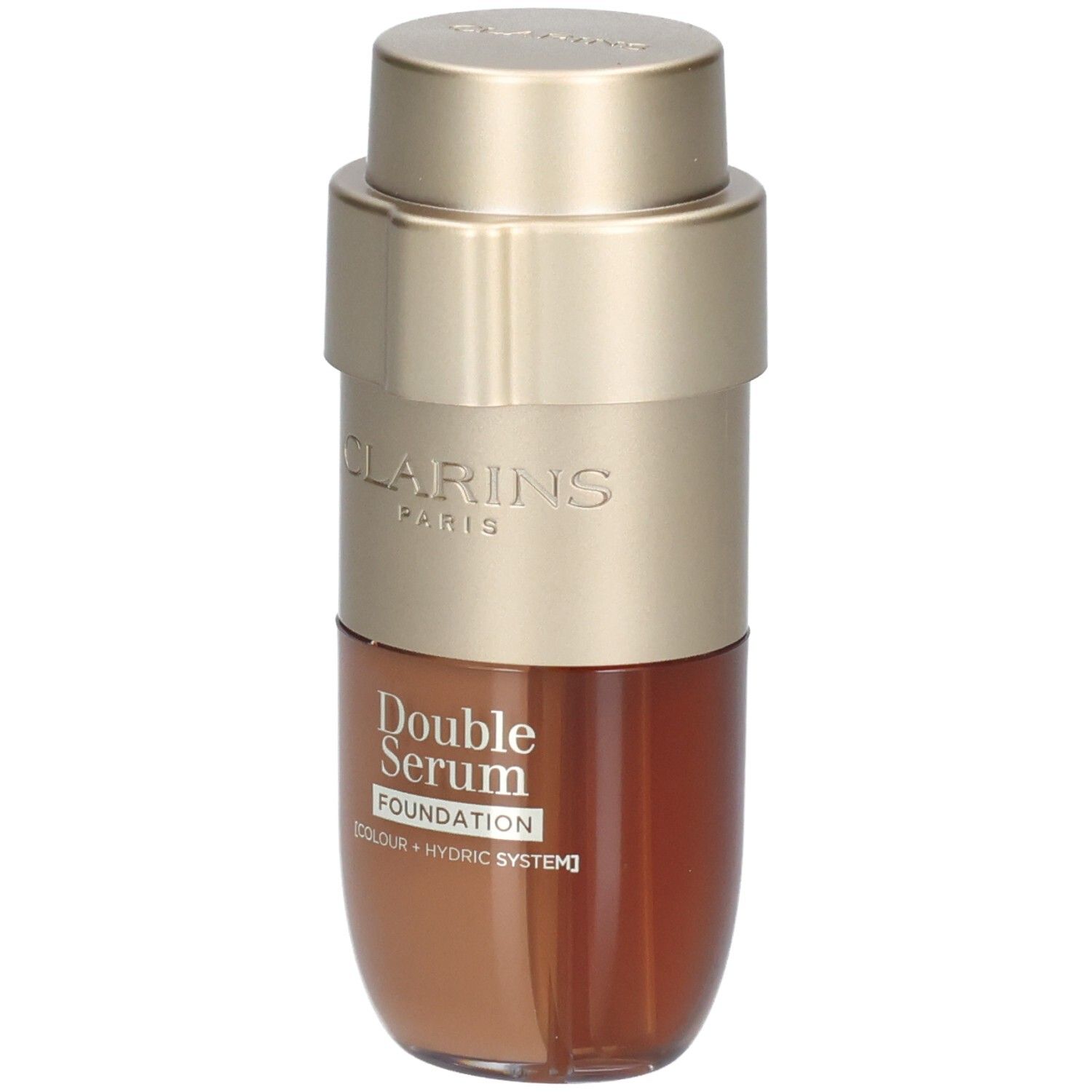 Clarins Double Serum Foundation fles met goudkleurige pomp en bruine inhoud.
