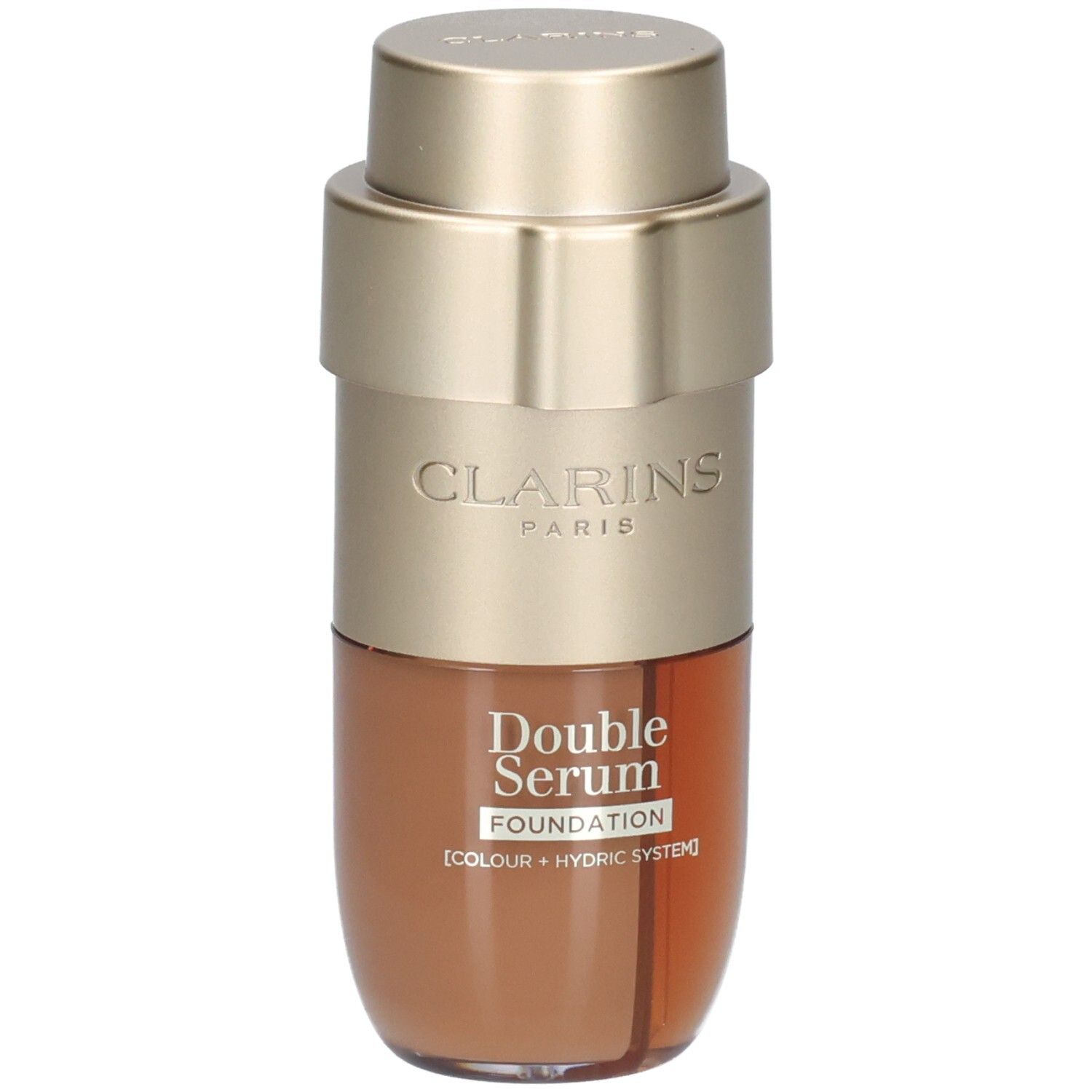 Clarins Double Serum Foundation fles met goudkleurige pomp en bruine inhoud.