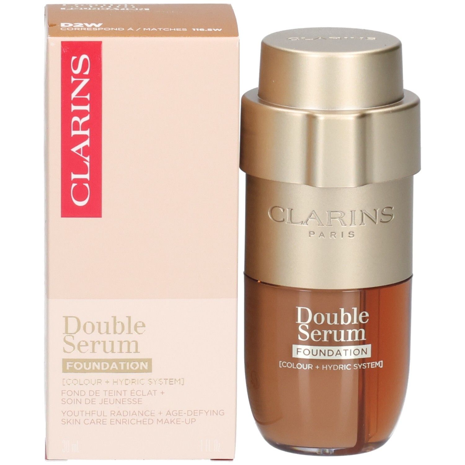 Clarins Double Serum Foundation fles en verpakking, goudkleurige pomp, bruine inhoud.