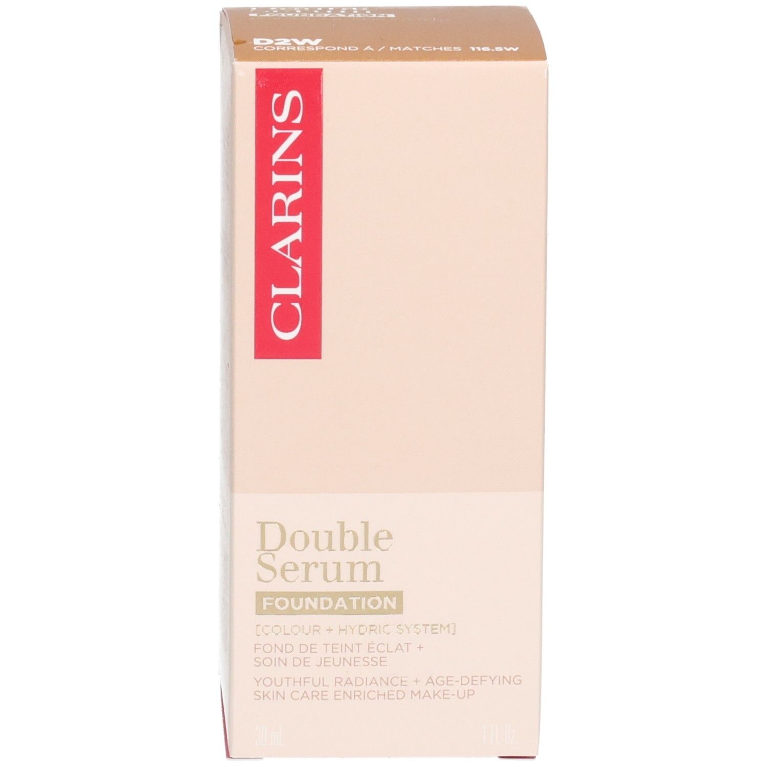 Clarins Double Serum Foundation verpakking, beige kartonnen doos met tekst.