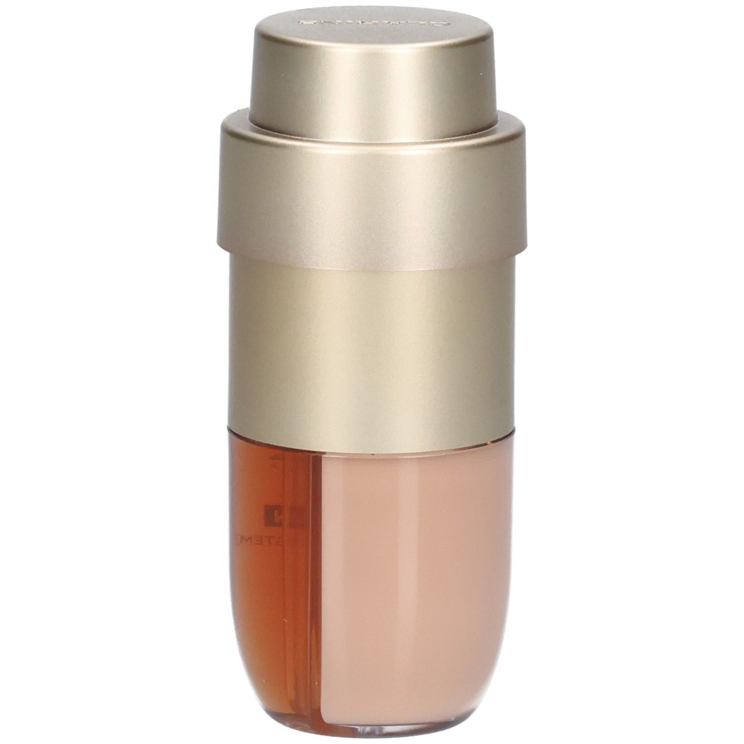 Clarins Double Serum Foundation L6W, emballage doré et beige, vue partagée.