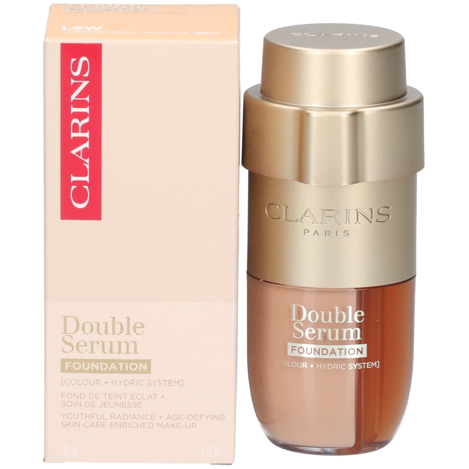 Clarins Double Serum Foundation L6W avec sa boîte beige.