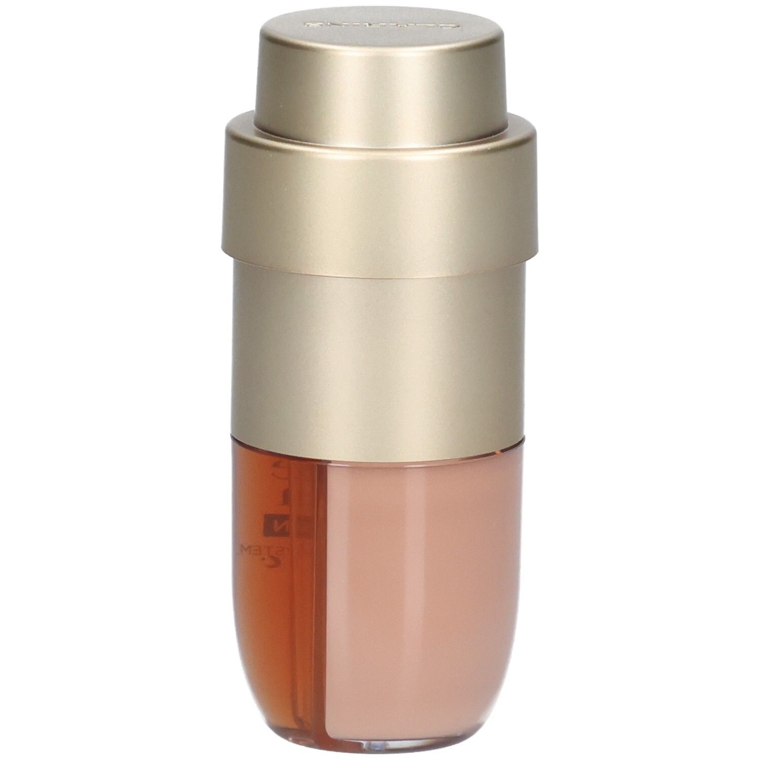Clarins Double Serum Foundation M1C, flacon divisé avec bouchon doré et deux compartiments pour fond de teint.