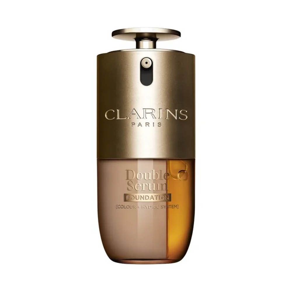 Clarins Double Serum Foundation M2N: Pompfles en verpakking, beige kartonnen doos met gouden belettering.